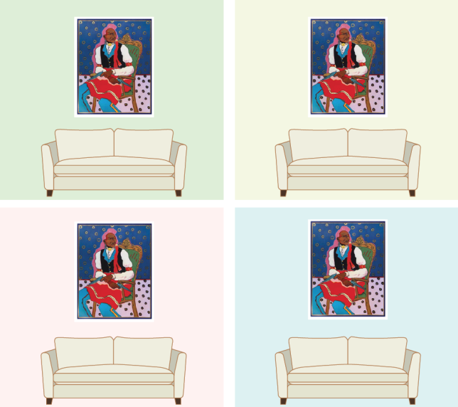 grid illustration of sofas and artwork on pastel backgrounds