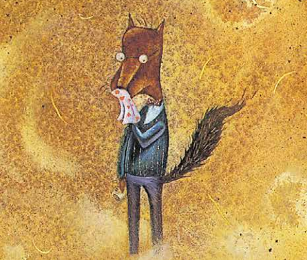 Lane Smith's illustration of A. Wolf from "The True Story of the Three Little Pigs"